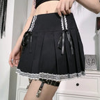 FICHOR Mall Goth Gothic Lace Ruffle Mini Skirts Womens Harajuku Fairy Grunge Pink Plaid Pleated Skirt Japanese Lolita Streetwear - SS69