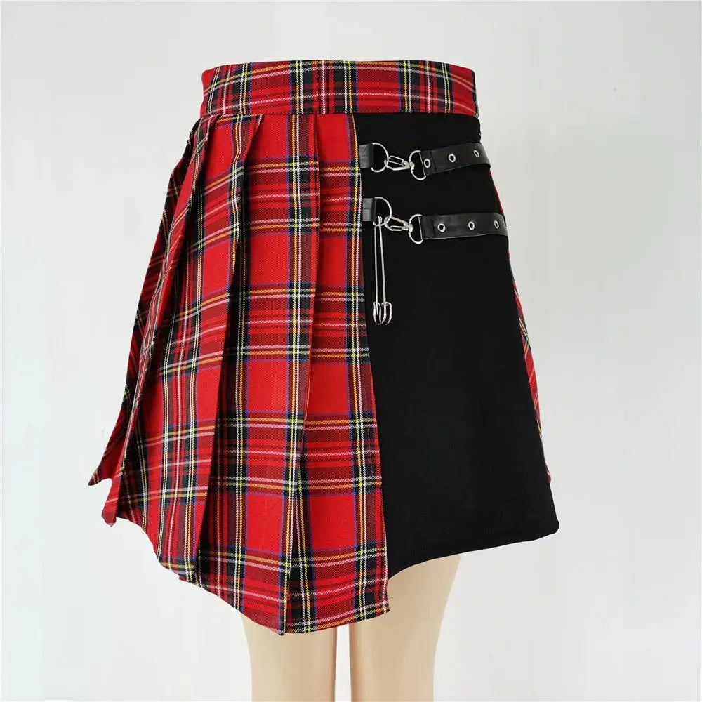FICHOR Mall Goth Gothic Lace Ruffle Mini Skirts Womens Harajuku Fairy Grunge Pink Plaid Pleated Skirt Japanese Lolita Streetwear - SS69