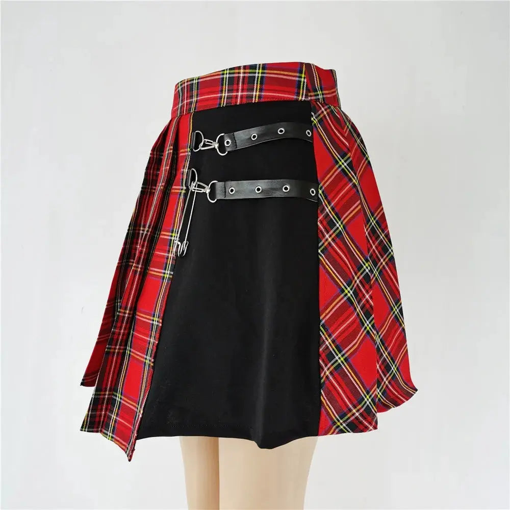 FICHOR Mall Goth Gothic Lace Ruffle Mini Skirts Womens Harajuku Fairy Grunge Pink Plaid Pleated Skirt Japanese Lolita Streetwear - SS69