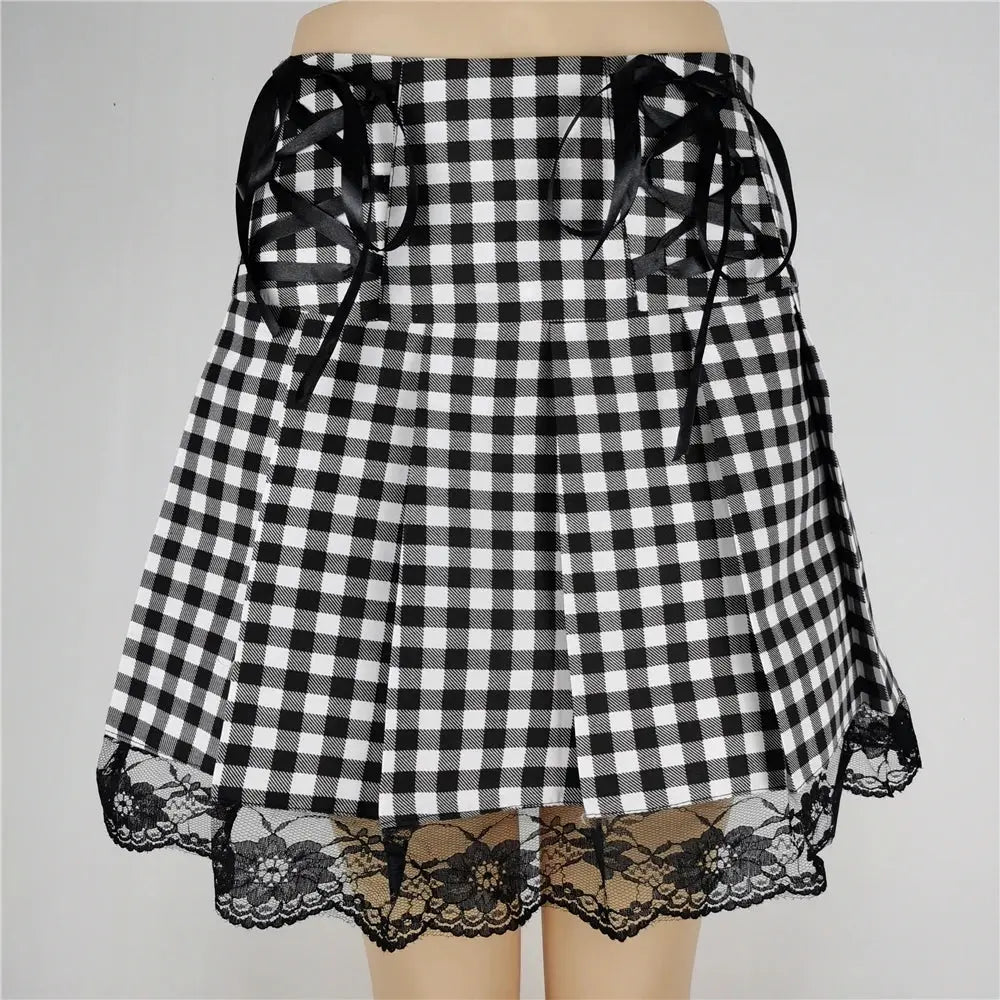 FICHOR Mall Goth Gothic Lace Ruffle Mini Skirts Womens Harajuku Fairy Grunge Pink Plaid Pleated Skirt Japanese Lolita Streetwear - SS69