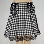 FICHOR Mall Goth Gothic Lace Ruffle Mini Skirts Womens Harajuku Fairy Grunge Pink Plaid Pleated Skirt Japanese Lolita Streetwear - SS69