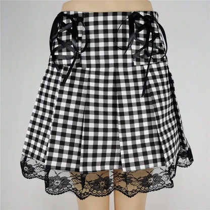 FICHOR Mall Goth Gothic Lace Ruffle Mini Skirts Womens Harajuku Fairy Grunge Pink Plaid Pleated Skirt Japanese Lolita Streetwear - SS69