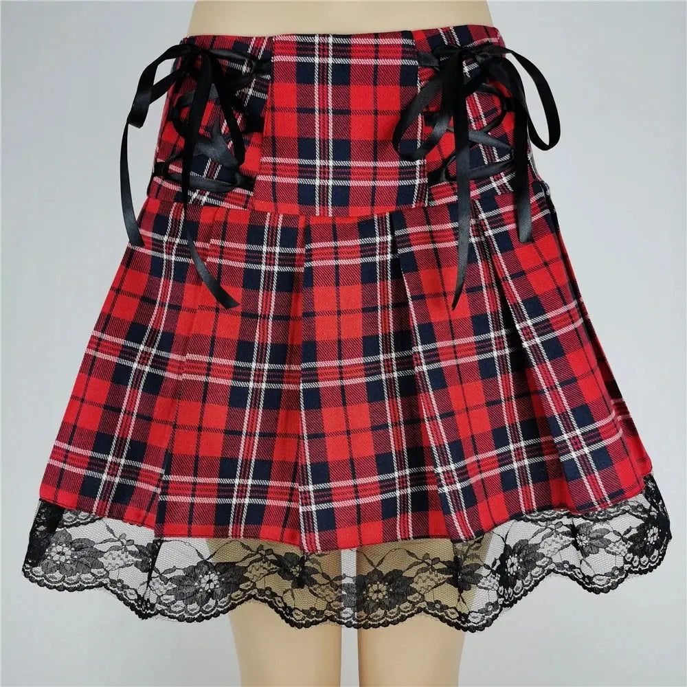 FICHOR Mall Goth Gothic Lace Ruffle Mini Skirts Womens Harajuku Fairy Grunge Pink Plaid Pleated Skirt Japanese Lolita Streetwear - SS69