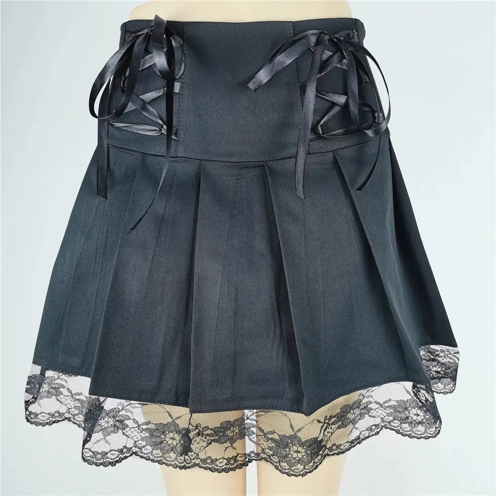 FICHOR Mall Goth Gothic Lace Ruffle Mini Skirts Womens Harajuku Fairy Grunge Pink Plaid Pleated Skirt Japanese Lolita Streetwear - SS69