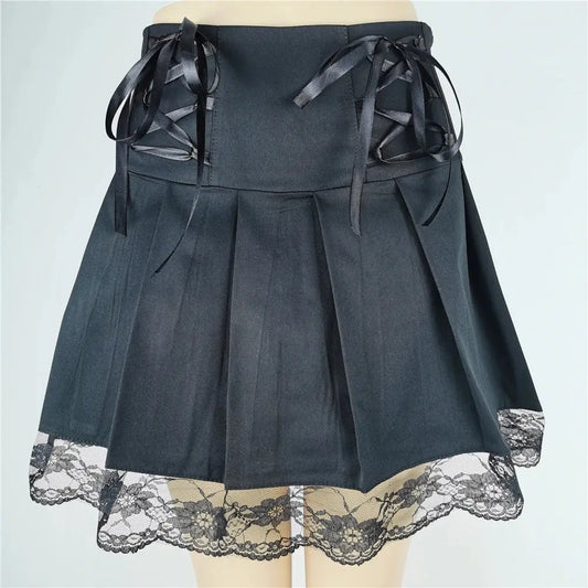 FICHOR Mall Goth Gothic Lace Ruffle Mini Skirts Womens Harajuku Fairy Grunge Pink Plaid Pleated Skirt Japanese Lolita Streetwear - SS69