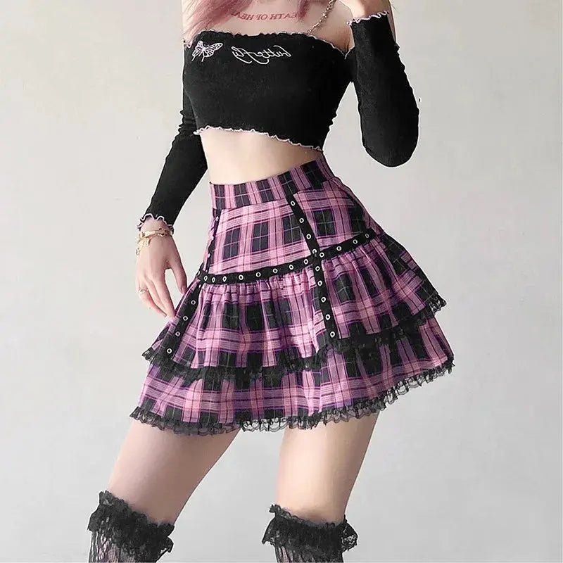 FICHOR Mall Goth Gothic Lace Ruffle Mini Skirts Womens Harajuku Fairy Grunge Pink Plaid Pleated Skirt Japanese Lolita Streetwear SS69