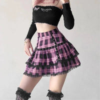 FICHOR Mall Goth Gothic Lace Ruffle Mini Skirts Womens Harajuku Fairy Grunge Pink Plaid Pleated Skirt Japanese Lolita Streetwear - SS69