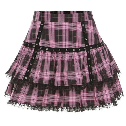 FICHOR Mall Goth Gothic Lace Ruffle Mini Skirts Womens Harajuku Fairy Grunge Pink Plaid Pleated Skirt Japanese Lolita Streetwear - SS69