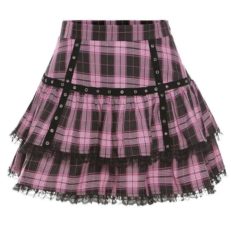 FICHOR Mall Goth Gothic Lace Ruffle Mini Skirts Womens Harajuku Fairy Grunge Pink Plaid Pleated Skirt Japanese Lolita Streetwear - SS69
