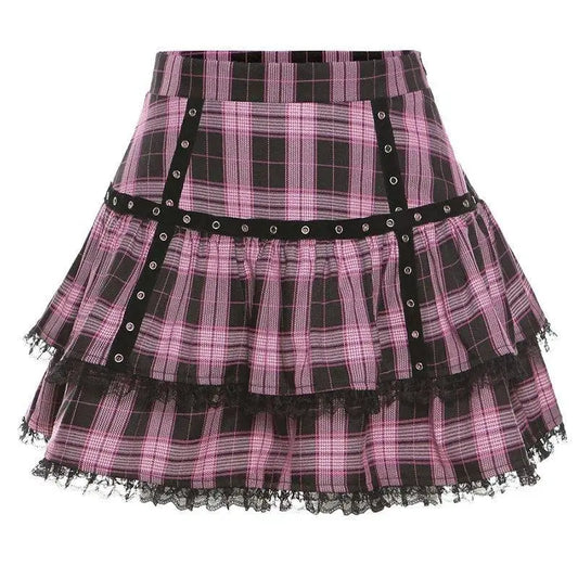 FICHOR Mall Goth Gothic Lace Ruffle Mini Skirts Womens Harajuku Fairy Grunge Pink Plaid Pleated Skirt Japanese Lolita Streetwear - SS69