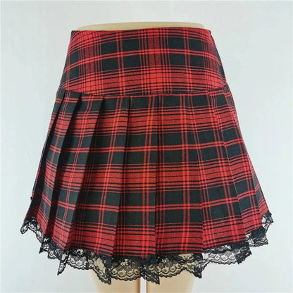 FICHOR Mall Goth Gothic Lace Ruffle Mini Skirts Womens Harajuku Fairy Grunge Pink Plaid Pleated Skirt Japanese Lolita Streetwear - SS69