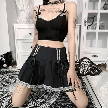 FICHOR Mall Goth Gothic Lace Ruffle Mini Skirts Womens Harajuku Fairy Grunge Pink Plaid Pleated Skirt Japanese Lolita Streetwear - SS69