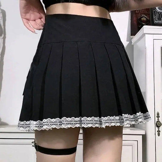 FICHOR Mall Goth Gothic Lace Ruffle Mini Skirts Womens Harajuku Fairy Grunge Pink Plaid Pleated Skirt Japanese Lolita Streetwear - SS69