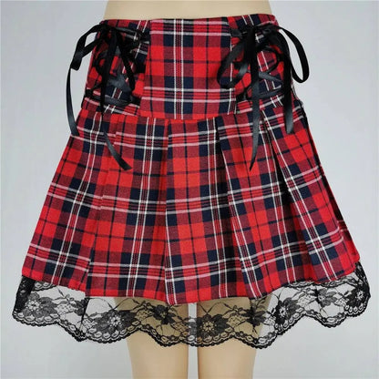 FICHOR Mall Goth Gothic Lace Ruffle Mini Skirts Womens Harajuku Fairy Grunge Pink Plaid Pleated Skirt Japanese Lolita Streetwear - SS69