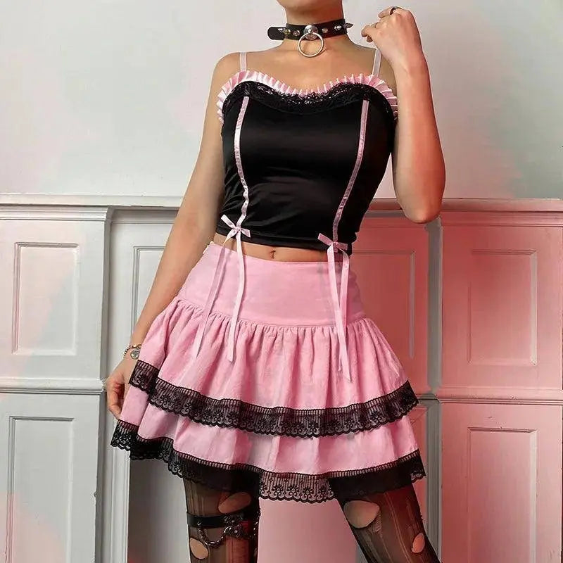 FICHOR Mall Goth Gothic Lace Ruffle Mini Skirts Womens Harajuku Fairy Grunge Pink Plaid Pleated Skirt Japanese Lolita Streetwear - SS69