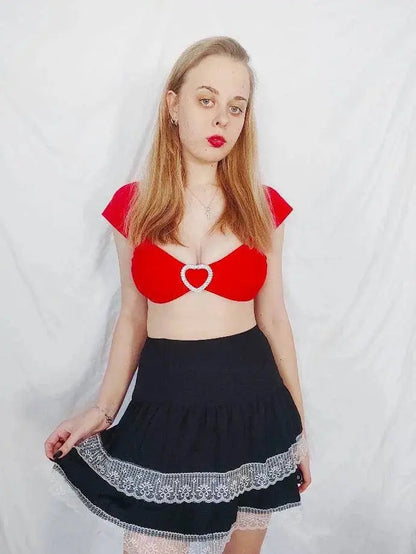 FICHOR Mall Goth Gothic Lace Ruffle Mini Skirts Womens Harajuku Fairy Grunge Pink Plaid Pleated Skirt Japanese Lolita Streetwear - SS69