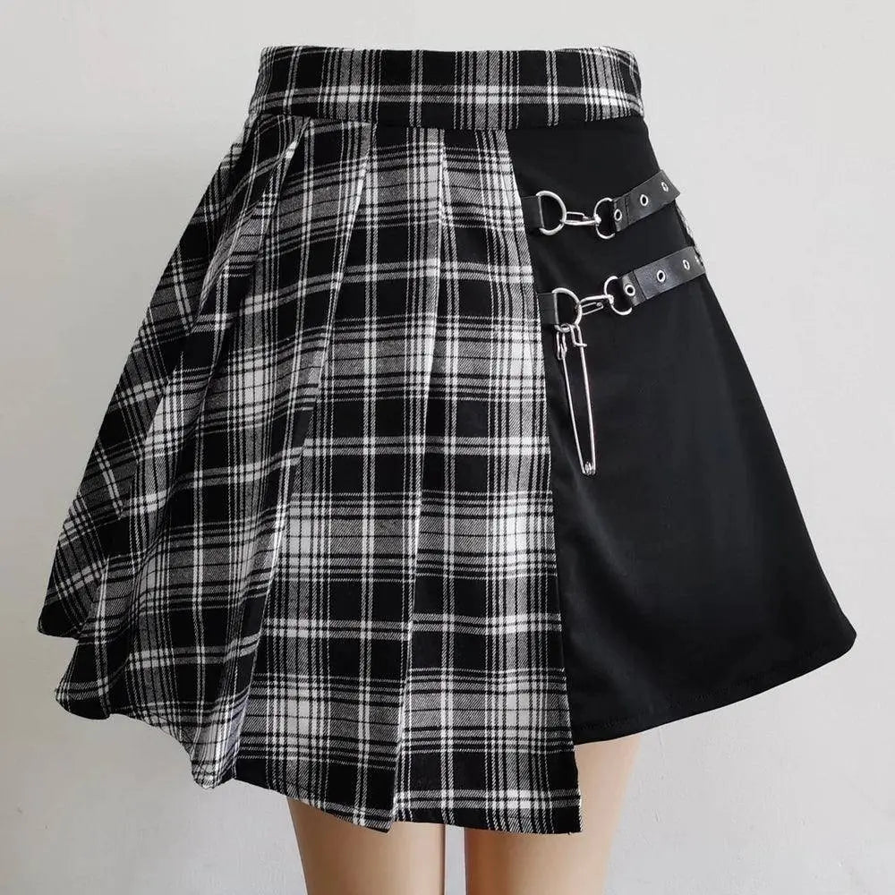 FICHOR Mall Goth Gothic Lace Ruffle Mini Skirts Womens Harajuku Fairy Grunge Pink Plaid Pleated Skirt Japanese Lolita Streetwear - SS69
