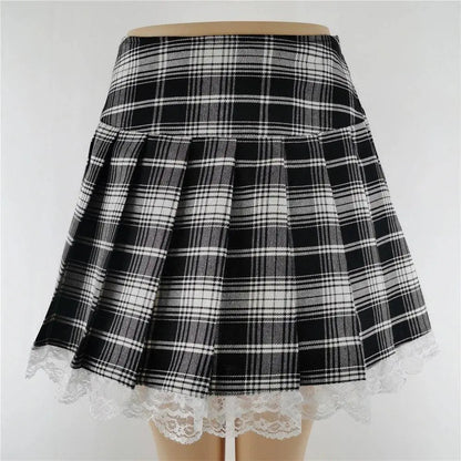 FICHOR Mall Goth Gothic Lace Ruffle Mini Skirts Womens Harajuku Fairy Grunge Pink Plaid Pleated Skirt Japanese Lolita Streetwear - SS69