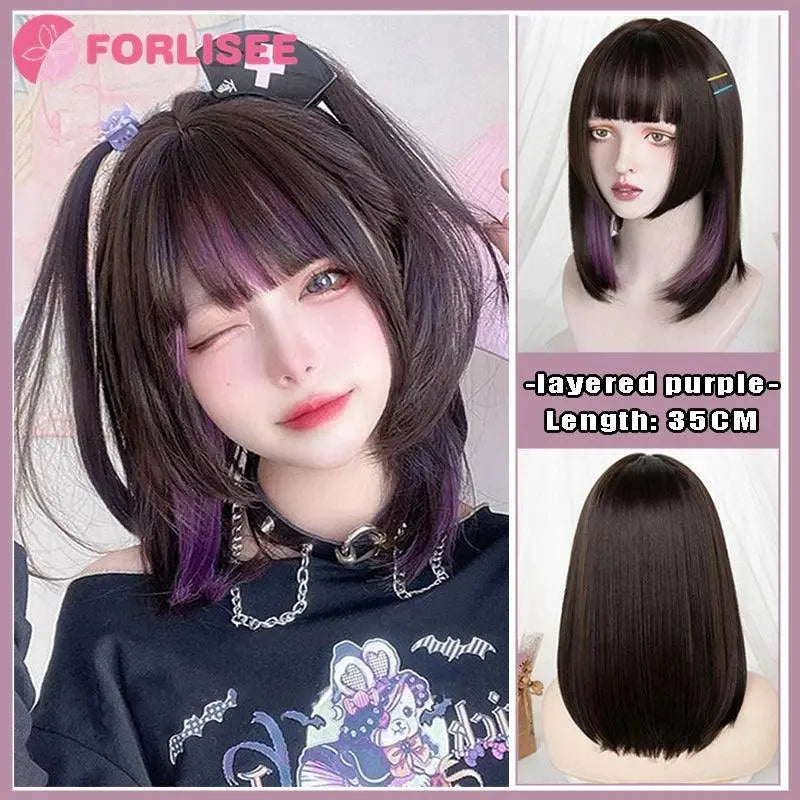 FORLISEE Highlighted Black And Pink Long Straight Hair With Bangs Synthetic Cosplay Lolita Sweet And Cute Hot Girl JK Daily Wig - SS69