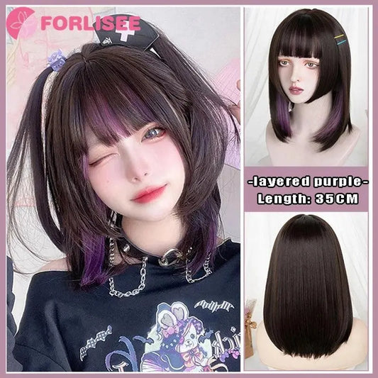 FORLISEE Highlighted Black And Pink Long Straight Hair With Bangs Synthetic Cosplay Lolita Sweet And Cute Hot Girl JK Daily Wig - SS69