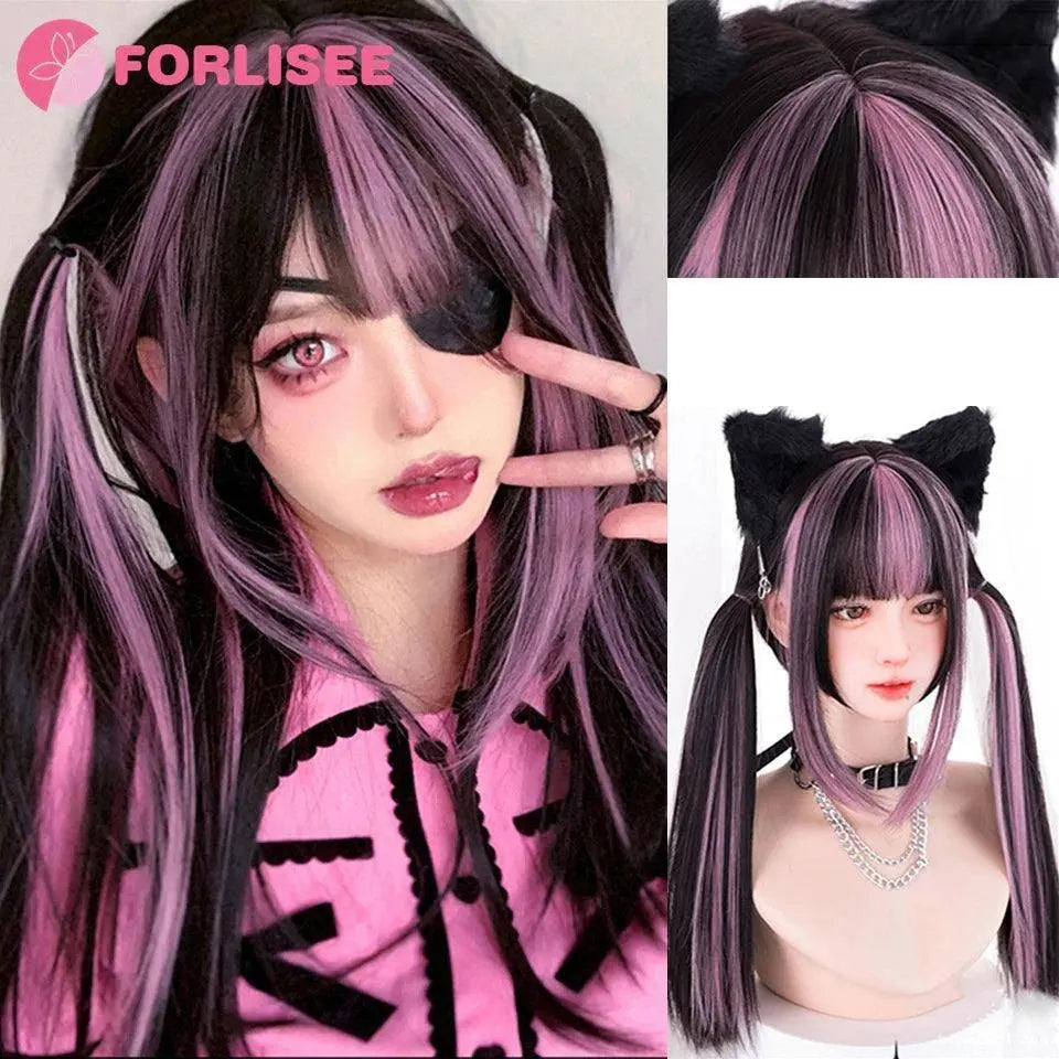 FORLISEE Highlighted Black And Pink Long Straight Hair With Bangs Synthetic Cosplay Lolita Sweet And Cute Hot Girl JK Daily Wig SS69