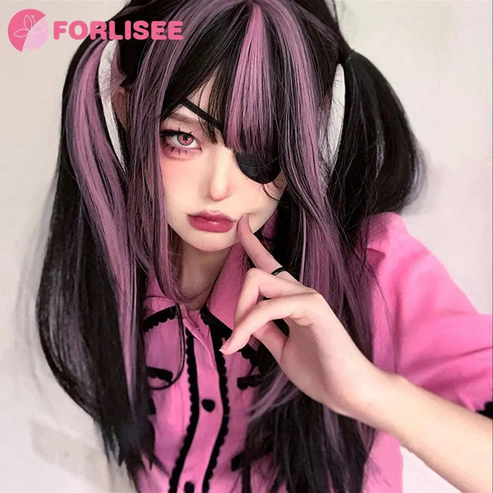 FORLISEE Highlighted Black And Pink Long Straight Hair With Bangs Synthetic Cosplay Lolita Sweet And Cute Hot Girl JK Daily Wig SS69