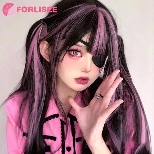 FORLISEE Highlighted Black And Pink Long Straight Hair With Bangs Synthetic Cosplay Lolita Sweet And Cute Hot Girl JK Daily Wig SS69