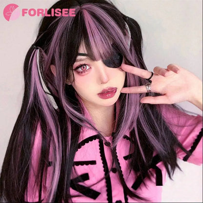 FORLISEE Highlighted Black And Pink Long Straight Hair With Bangs Synthetic Cosplay Lolita Sweet And Cute Hot Girl JK Daily Wig SS69
