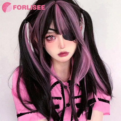 FORLISEE Highlighted Black And Pink Long Straight Hair With Bangs Synthetic Cosplay Lolita Sweet And Cute Hot Girl JK Daily Wig SS69