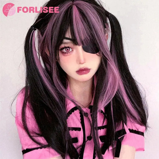 FORLISEE Highlighted Black And Pink Long Straight Hair With Bangs Synthetic Cosplay Lolita Sweet And Cute Hot Girl JK Daily Wig SS69