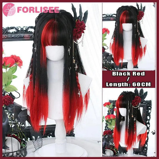 FORLISEE Highlighted Black And Pink Long Straight Hair With Bangs Synthetic Cosplay Lolita Sweet And Cute Hot Girl JK Daily Wig SS69