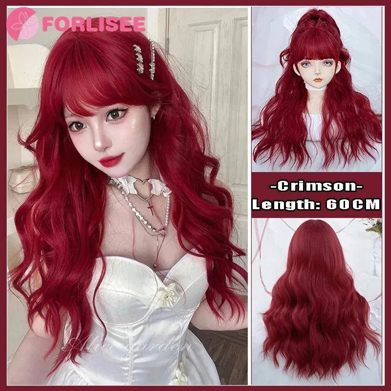 FORLISEE Highlighted Black And Pink Long Straight Hair With Bangs Synthetic Cosplay Lolita Sweet And Cute Hot Girl JK Daily Wig SS69