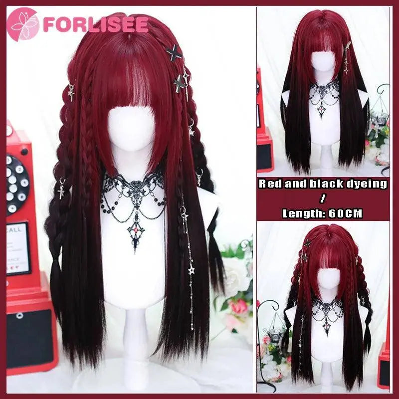 FORLISEE Highlighted Black And Pink Long Straight Hair With Bangs Synthetic Cosplay Lolita Sweet And Cute Hot Girl JK Daily Wig SS69