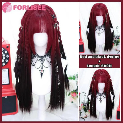 FORLISEE Highlighted Black And Pink Long Straight Hair With Bangs Synthetic Cosplay Lolita Sweet And Cute Hot Girl JK Daily Wig SS69