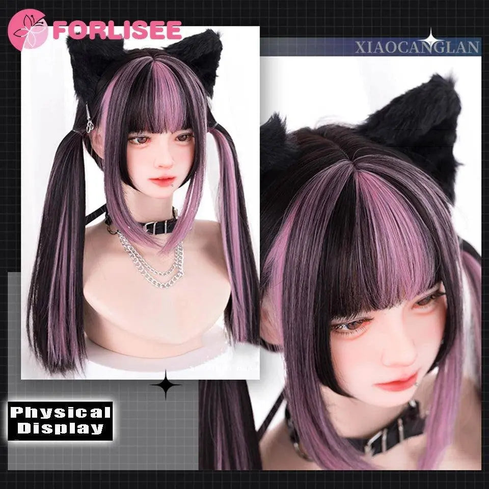FORLISEE Highlighted Black And Pink Long Straight Hair With Bangs Synthetic Cosplay Lolita Sweet And Cute Hot Girl JK Daily Wig SS69