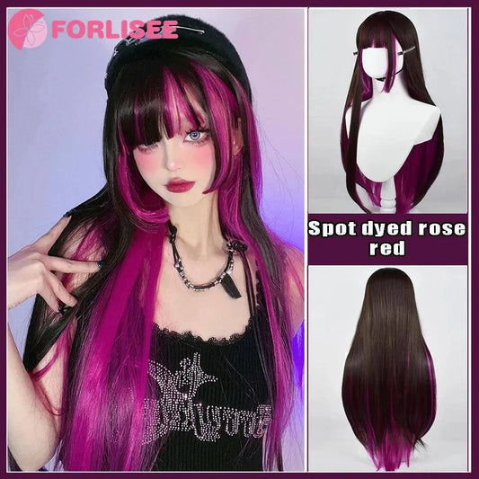 FORLISEE Highlighted Black And Pink Long Straight Hair With Bangs Synthetic Cosplay Lolita Sweet And Cute Hot Girl JK Daily Wig SS69