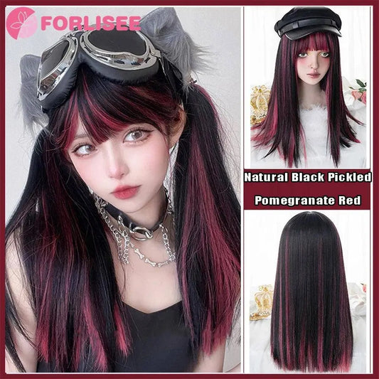 FORLISEE Highlighted Black And Pink Long Straight Hair With Bangs Synthetic Cosplay Lolita Sweet And Cute Hot Girl JK Daily Wig SS69