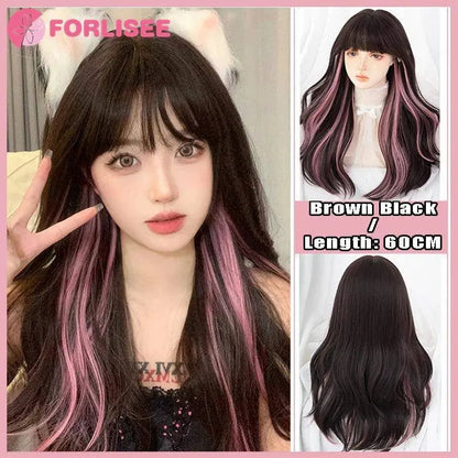 FORLISEE Highlighted Black And Pink Long Straight Hair With Bangs Synthetic Cosplay Lolita Sweet And Cute Hot Girl JK Daily Wig SS69