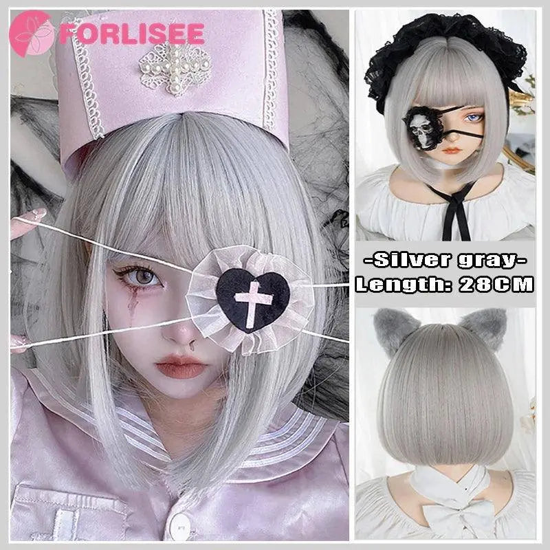 FORLISEE Highlighted Black And Pink Long Straight Hair With Bangs Synthetic Cosplay Lolita Sweet And Cute Hot Girl JK Daily Wig SS69
