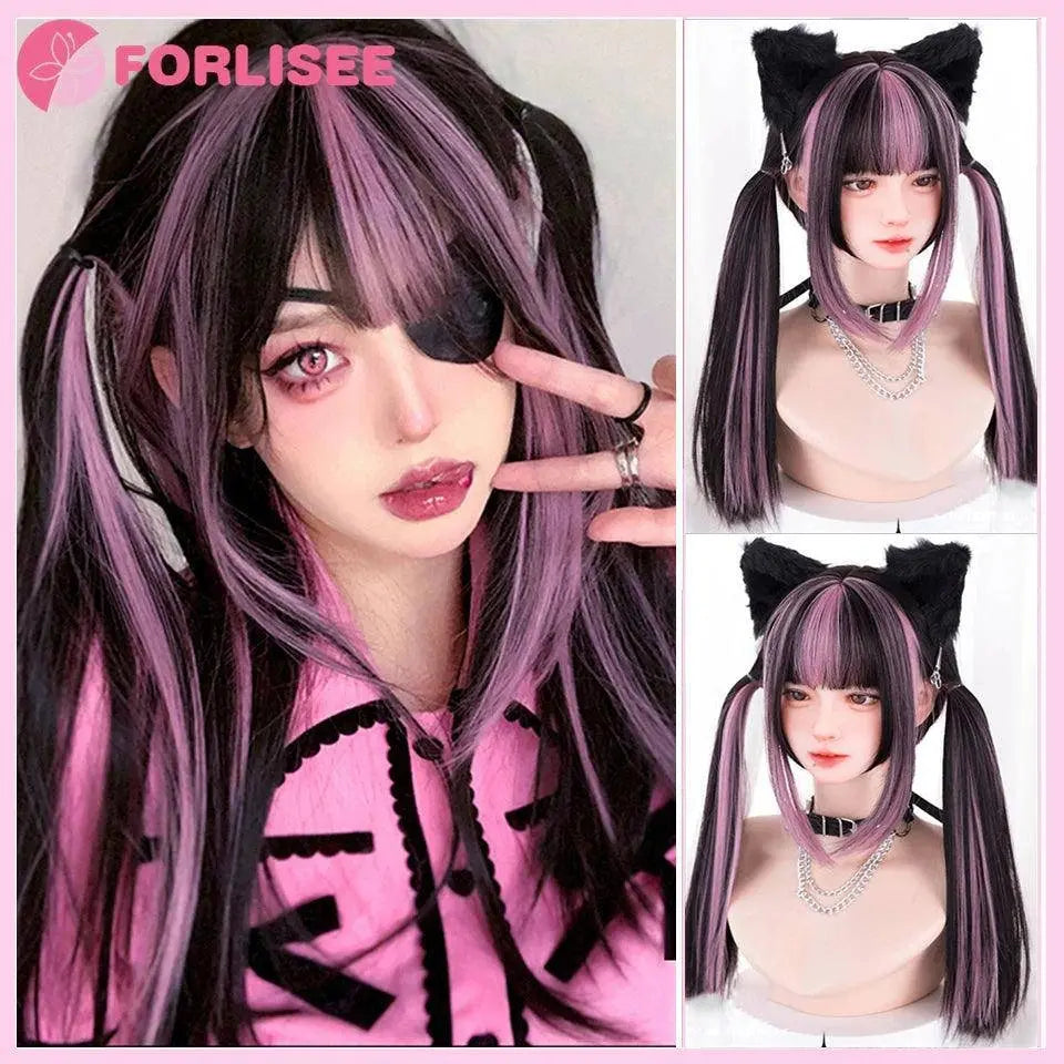 FORLISEE Highlighted Black And Pink Long Straight Hair With Bangs Synthetic Cosplay Lolita Sweet And Cute Hot Girl JK Daily Wig SS69