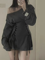 Fairycore Grunge Corset Dress Long Sleeve Women Aesthetic Y2k Fairy Goth Clothes Kawaii Bandage Bodycon Dresses Spring Autumn SS69