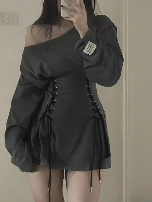 Fairycore Grunge Corset Dress Long Sleeve Women Aesthetic Y2k Fairy Goth Clothes Kawaii Bandage Bodycon Dresses Spring Autumn SS69