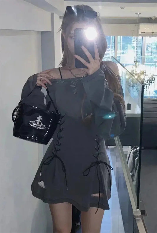 Fairycore Grunge Corset Dress Long Sleeve Women Aesthetic Y2k Fairy Goth Clothes Kawaii Bandage Bodycon Dresses Spring Autumn SS69