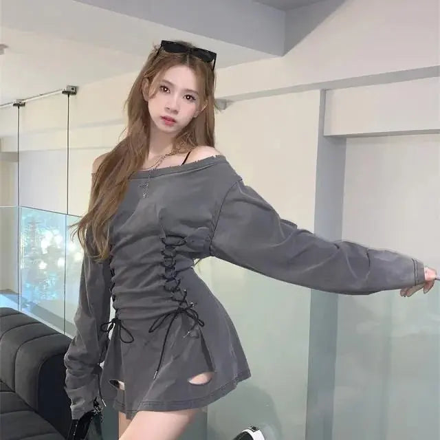 Fairycore Grunge Corset Dress Long Sleeve Women Aesthetic Y2k Fairy Goth Clothes Kawaii Bandage Bodycon Dresses Spring Autumn SS69