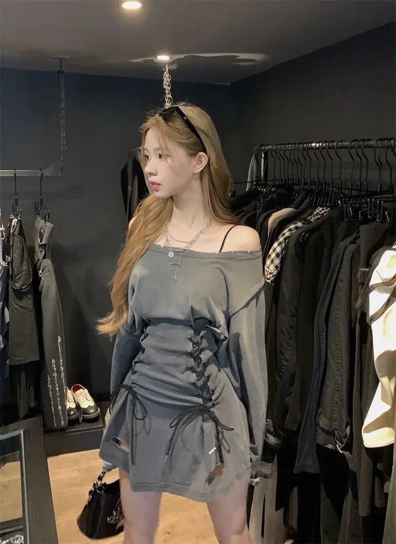 Fairycore Grunge Corset Dress Long Sleeve Women Aesthetic Y2k Fairy Goth Clothes Kawaii Bandage Bodycon Dresses Spring Autumn SS69