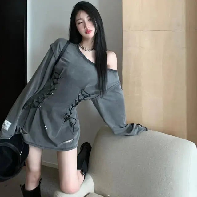 Fairycore Grunge Corset Dress Long Sleeve Women Aesthetic Y2k Fairy Goth Clothes Kawaii Bandage Bodycon Dresses Spring Autumn SS69