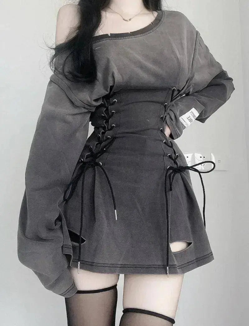 Fairycore Grunge Corset Dress Long Sleeve Women Aesthetic Y2k Fairy Goth Clothes Kawaii Bandage Bodycon Dresses Spring Autumn SS69