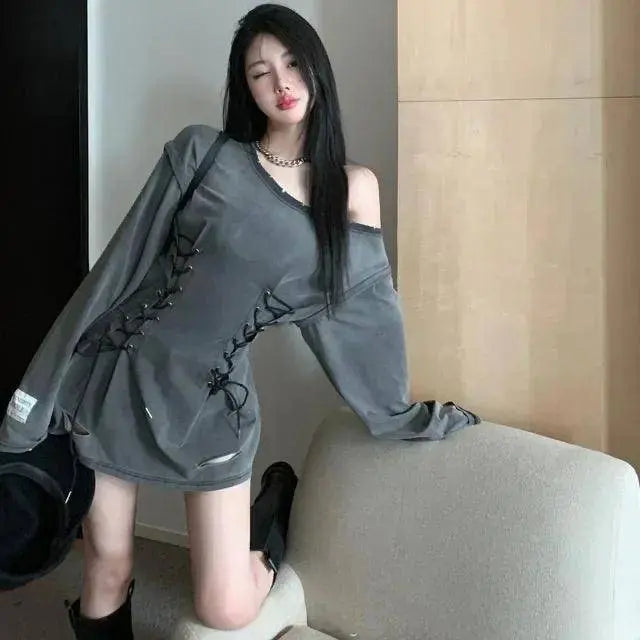 Fairycore Grunge Corset Dress Long Sleeve Women Aesthetic Y2k Fairy Goth Clothes Kawaii Bandage Bodycon Dresses Spring Autumn SS69