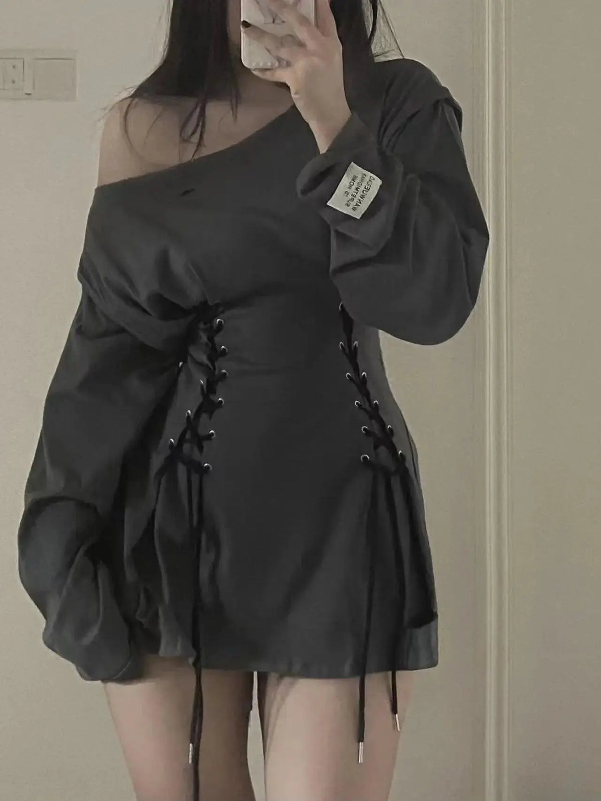 Fairycore Grunge Corset Dress Long Sleeve Women Aesthetic Y2k Fairy Goth Clothes Kawaii Bandage Bodycon Dresses Spring Autumn SS69