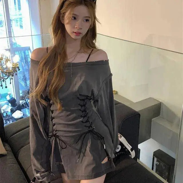 Fairycore Grunge Corset Dress Long Sleeve Women Aesthetic Y2k Fairy Goth Clothes Kawaii Bandage Bodycon Dresses Spring Autumn SS69